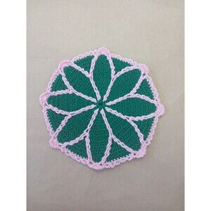 Round Crocheted Trivet Green & Pink Cottagecore Granniecore
